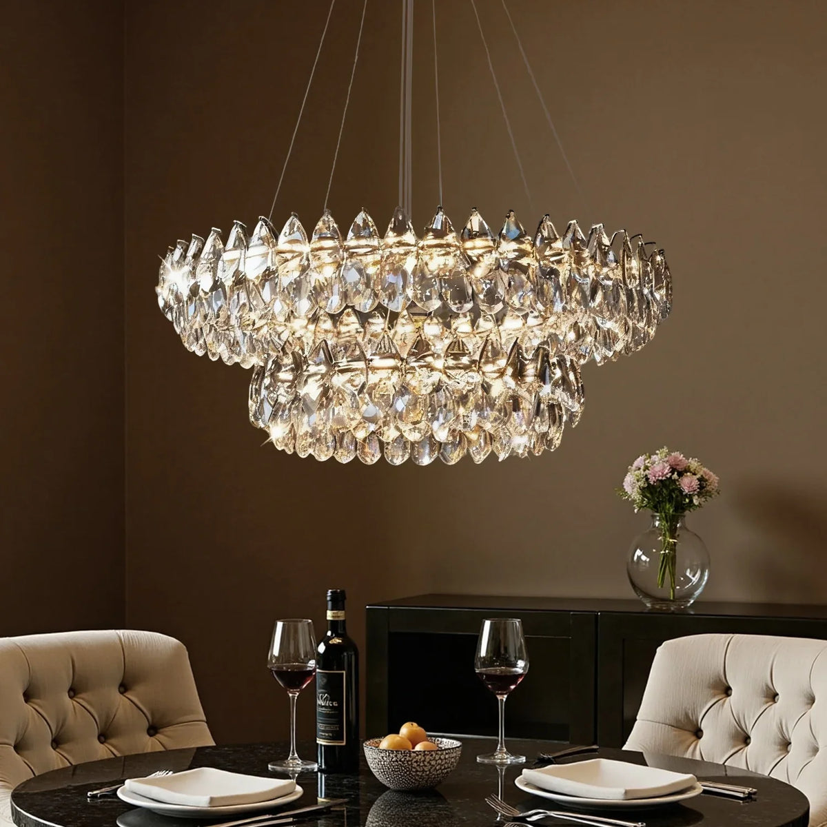 Twee-laagse kristallen hanglamp 32 inch chroom afwerking LED in hoogte verstelbaar plafondarmatuur voor eetkamer woonkamer kookeiland modern | Thomler