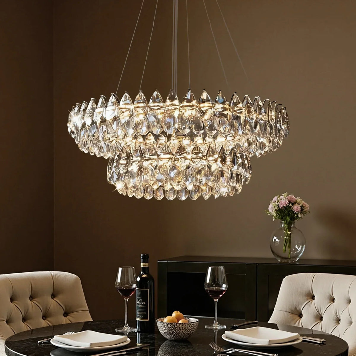 Double Ring Crystal Ceiling Light with Adjustable Height for Dining Room Living Room | Three Color Temperatures Chrome Finish | Teardrop Pen | Thomler