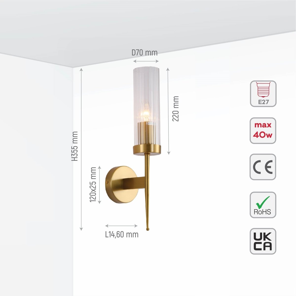 Textured Glass Wall Sconce with Steel Frame - Dimmable E27 Socket - 16 inch Height - Modern Art Deco Fixture for Hallways Bedrooms Living Sp | Thomler