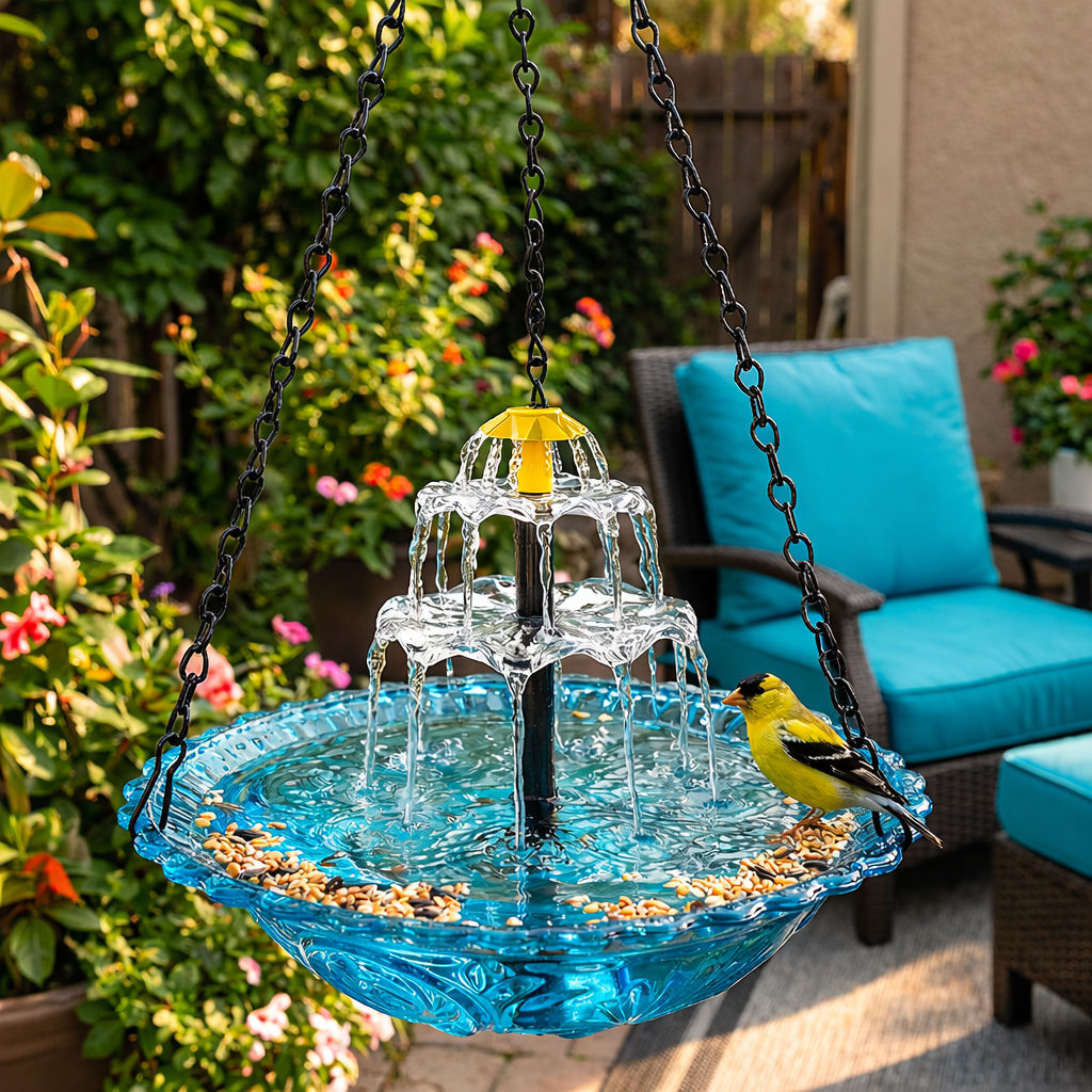 Solar Powered Outdoor Bird Bath with Cascading Water Feature in Glass for Patio and Backyard Wildlife | Thomler