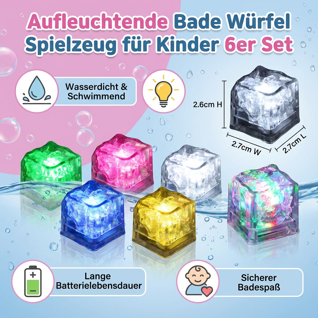 Light-Up Bath Cubes for Kids 6-Pack Waterproof LED Floating Toys Sensory Play Color-Changing Glow Cubes for Toddlers Bathtub Fun | Thomler