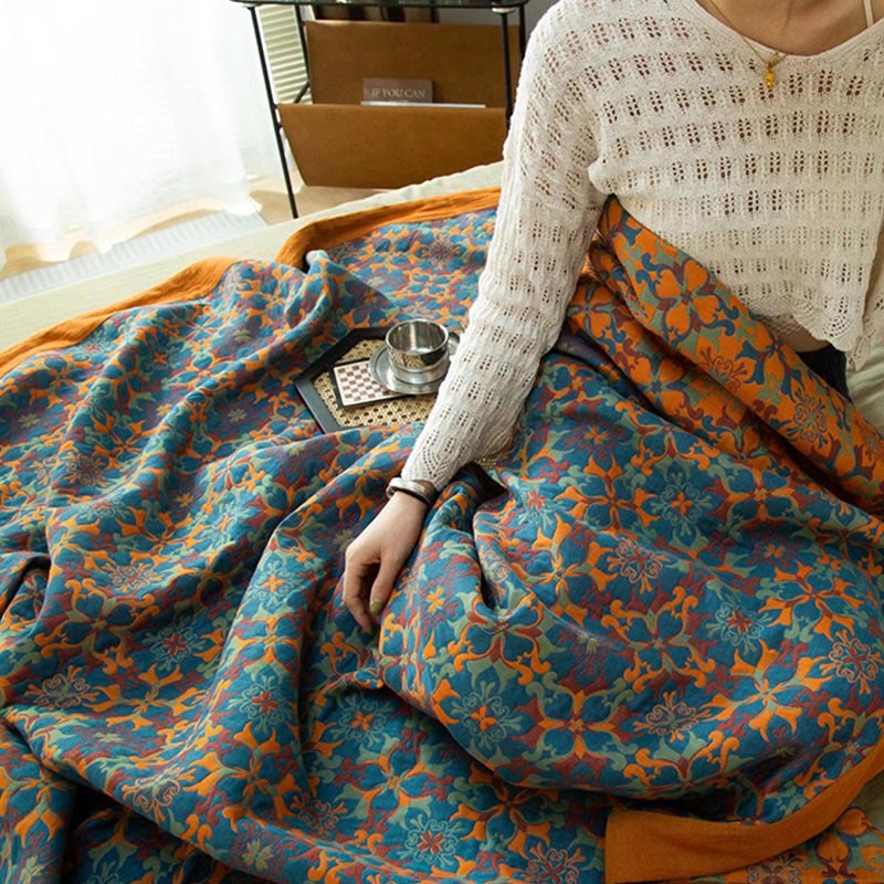 Zeslaags katoenen quilt, omkeerbare lichtgewicht deken, oranje-blauw geometrisch patroon, voor het hele jaar door comfort, slaapkamer, logeerkamer