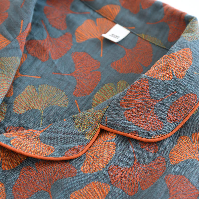 Dames pyjamaset van katoen met knoopsluiting – Nachtkleding met ginkgo-bladerenprint, bestaande uit top & broek voor ontspanning & slaap