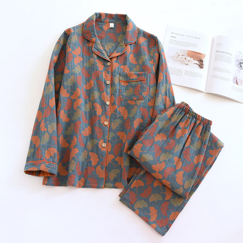 Dames pyjamaset van katoen met knoopsluiting – Nachtkleding met ginkgo-bladerenprint, bestaande uit top & broek voor ontspanning & slaap
