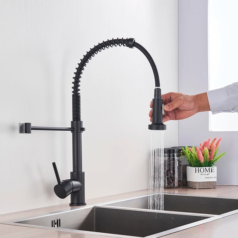 Brass Single-Hole Faucet with Rotating Spout & Detachable Spray Nozzle for Contemporary Kitchens & Dual-Basin Prep Areas | Thomler