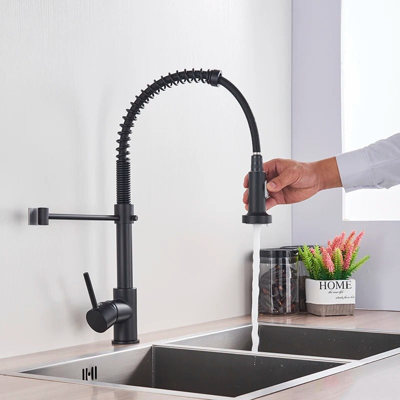 Brass Single-Hole Faucet with Rotating Spout & Detachable Spray Nozzle for Contemporary Kitchens & Dual-Basin Prep Areas | Thomler