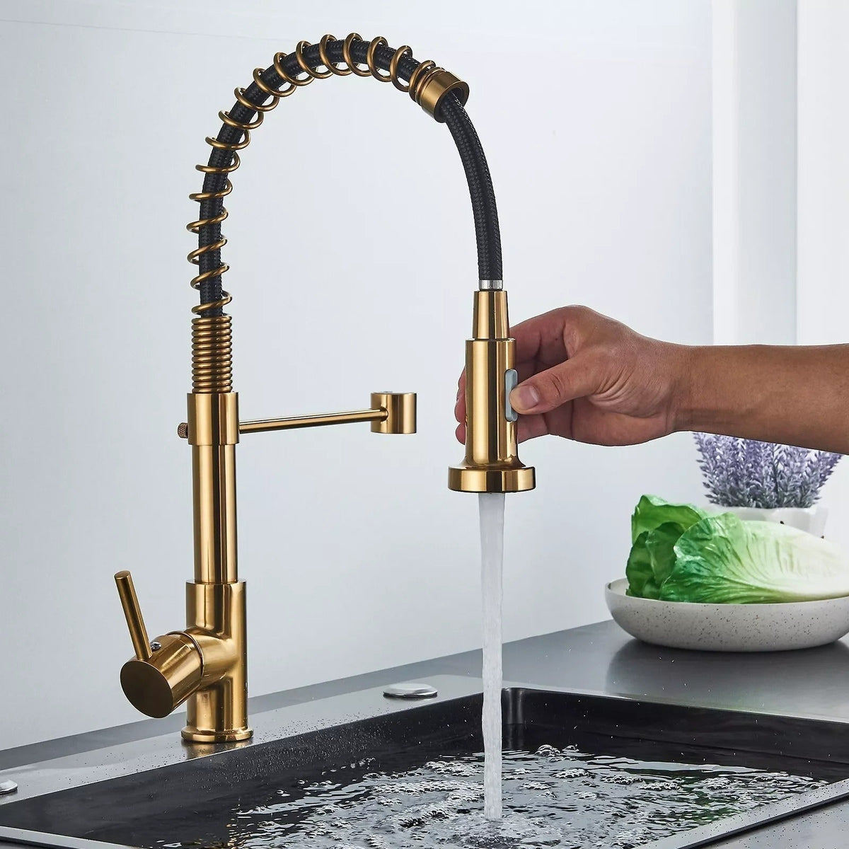 Brass Single-Hole Faucet with Rotating Spout & Detachable Spray Nozzle for Contemporary Kitchens & Dual-Basin Prep Areas | Thomler