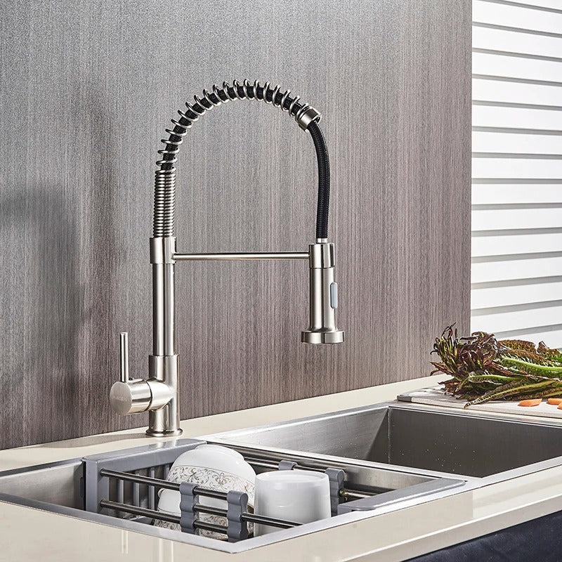 Brass Single-Hole Faucet with Rotating Spout & Detachable Spray Nozzle for Contemporary Kitchens & Dual-Basin Prep Areas | Thomler