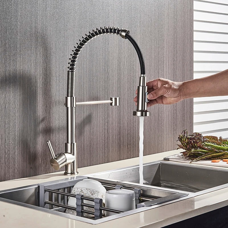 Brass Single-Hole Faucet with Rotating Spout & Detachable Spray Nozzle for Contemporary Kitchens & Dual-Basin Prep Areas | Thomler