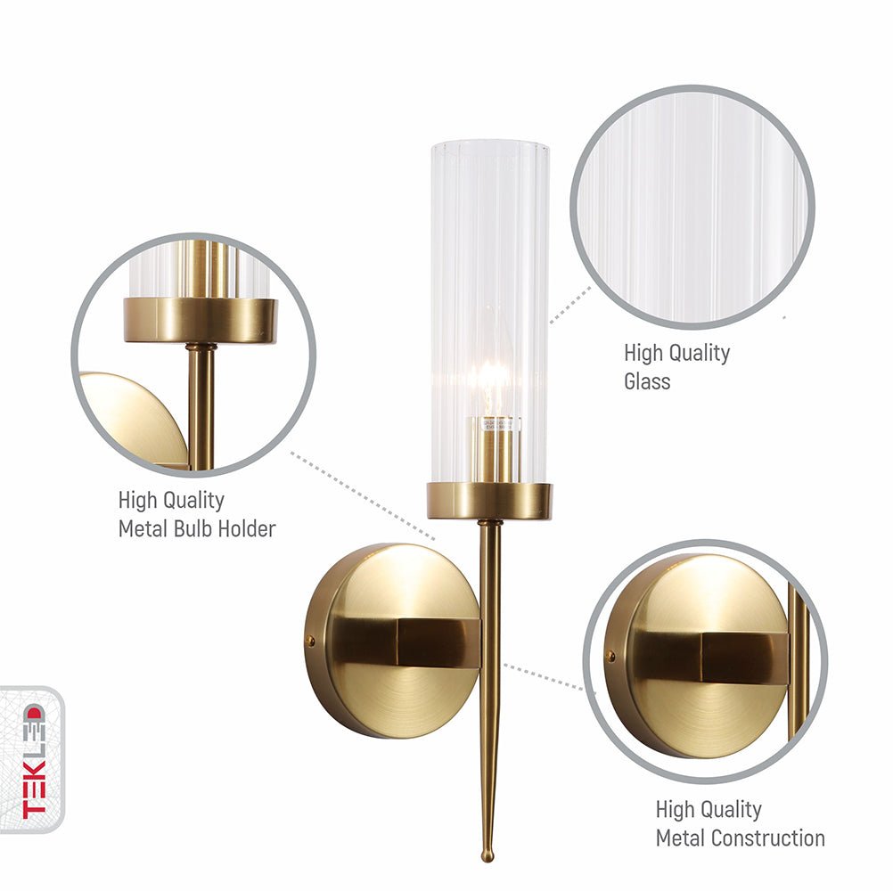 Textured Glass Wall Sconce with Steel Frame - Dimmable E27 Socket - 16 inch Height - Modern Art Deco Fixture for Hallways Bedrooms Living Sp | Thomler