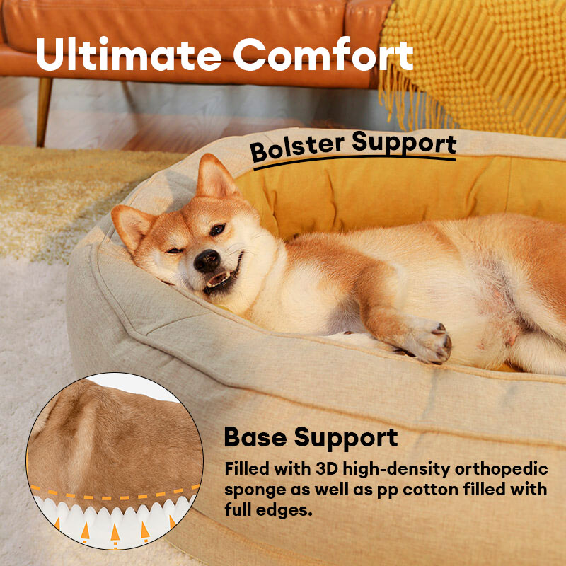Round Bolster Pet Bed with Orthopedic Foam Support for Dogs | Raised Edge Calming Bed with Machine Washable Cover & Waterproof Liner