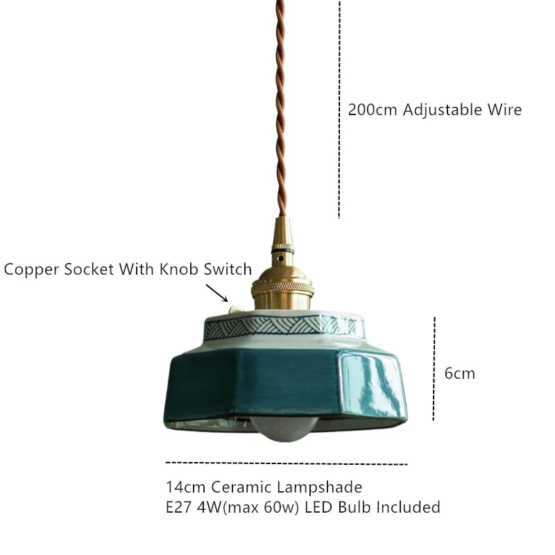 Keramische hanglamp met handgeschilderd design & koperen fitting voor kookeiland, eetkamer, slaapkamer & café | Scandinavische stijl armatuur | Thomler