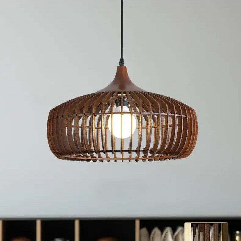 Wood Slat Ceiling Fixture Round Natural 17-Inch Japandi Style Above Table Island Ambient Hanging Light for Dining Kitchen Living Room | Thomler