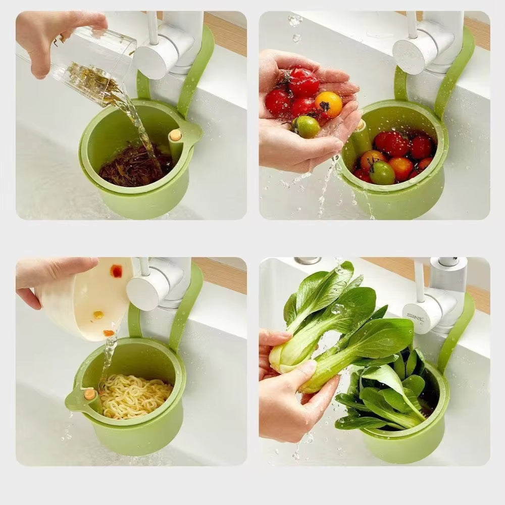 Tap-Mounted Food Scrap Catcher with Push-Button Release 8×5.6×5.1 Inches for Veggie Prep Scraps Fruit Washing Over-Sink Waste Bin | Thomler