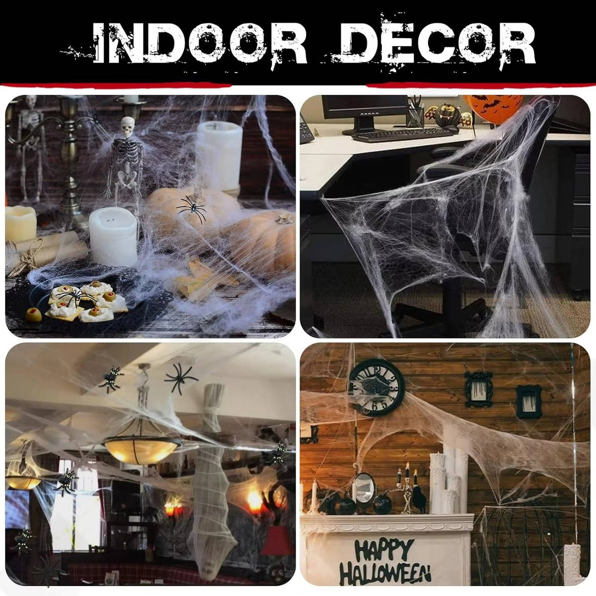 200 pies cuadrados de telarañas para decoración de puerta de Halloween con arañas de imitación