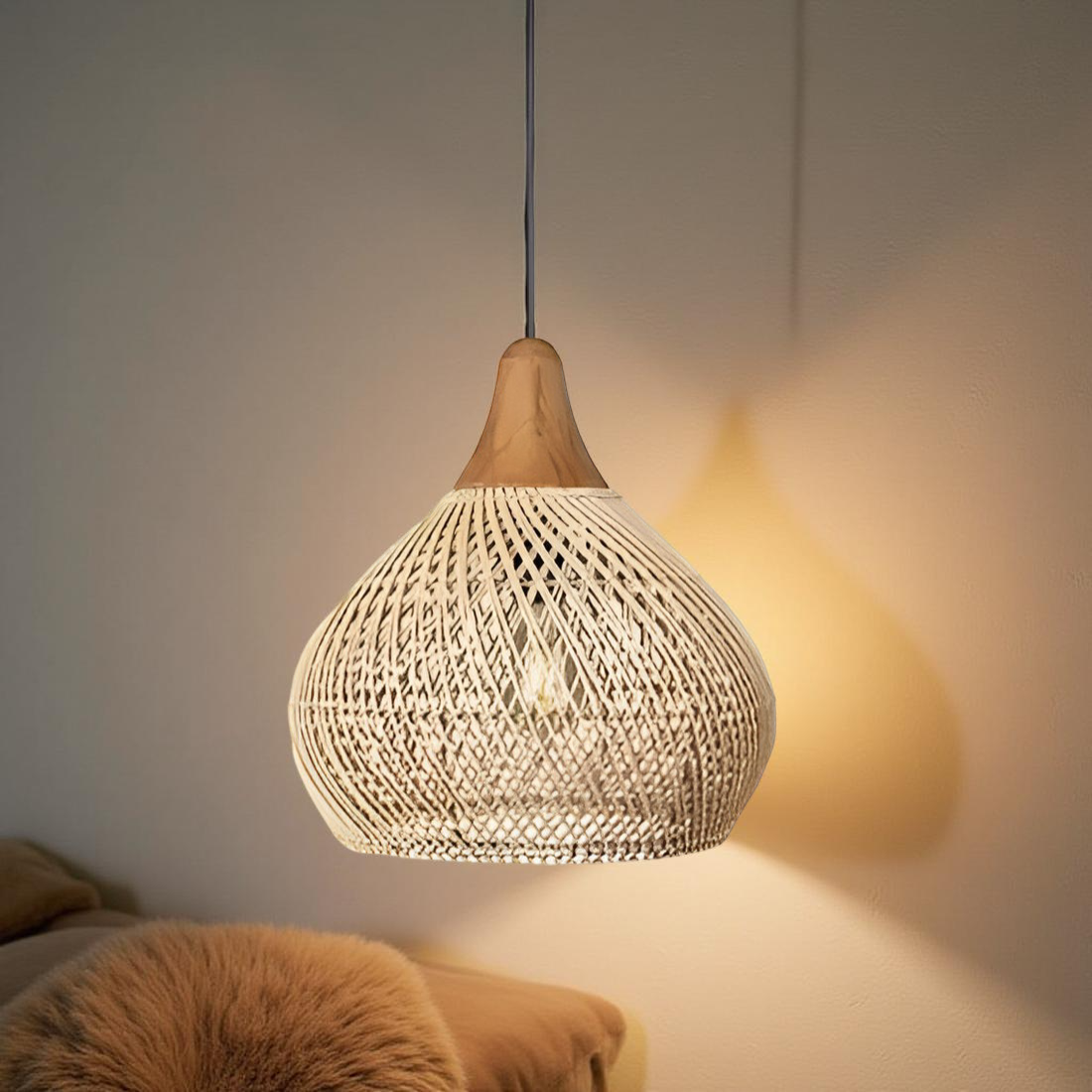 Woven Wicker Ceiling Light 20 in Natural Fiber Shade for Kitchen Island Dining Room Overhead Boho Farmhouse Organic Texture Rope Hanging Fix | Thomler