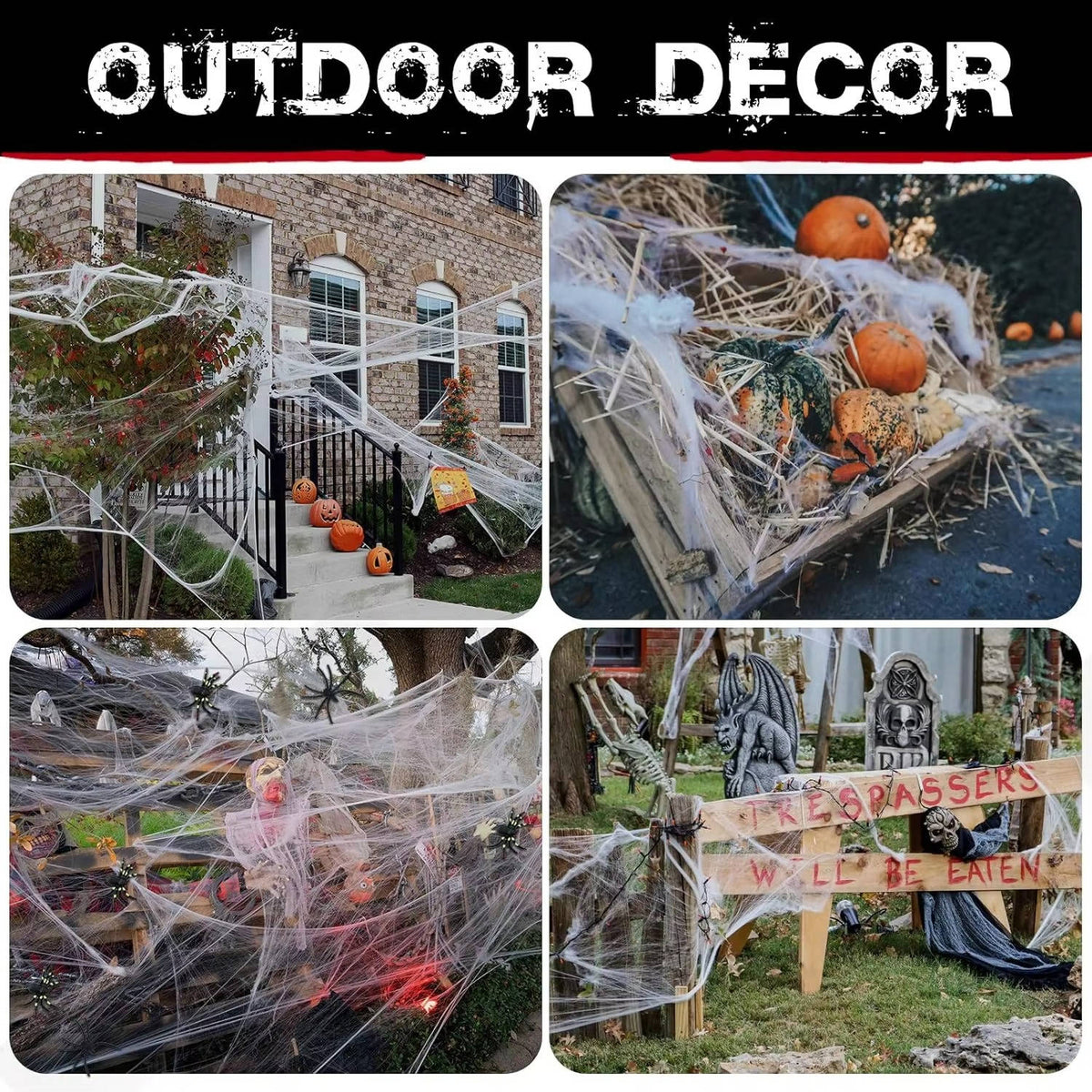 200 pies cuadrados de telarañas para decoración de puerta de Halloween con arañas de imitación