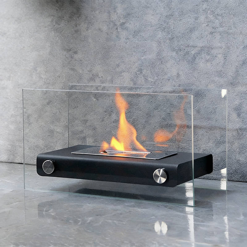 Tisch-Bioethanol-Kamin, tragbare rechteckige Feuerstelle mit doppeltem Glas-Windschutz für Terrasse und Balkon