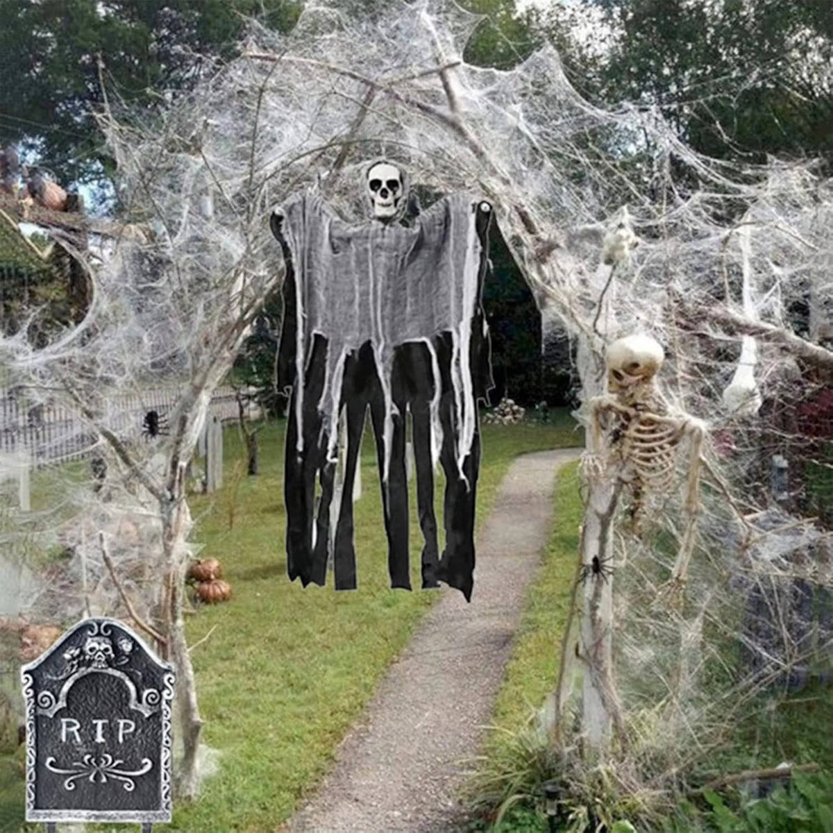 200 pies cuadrados de telarañas para decoración de puerta de Halloween con arañas de imitación