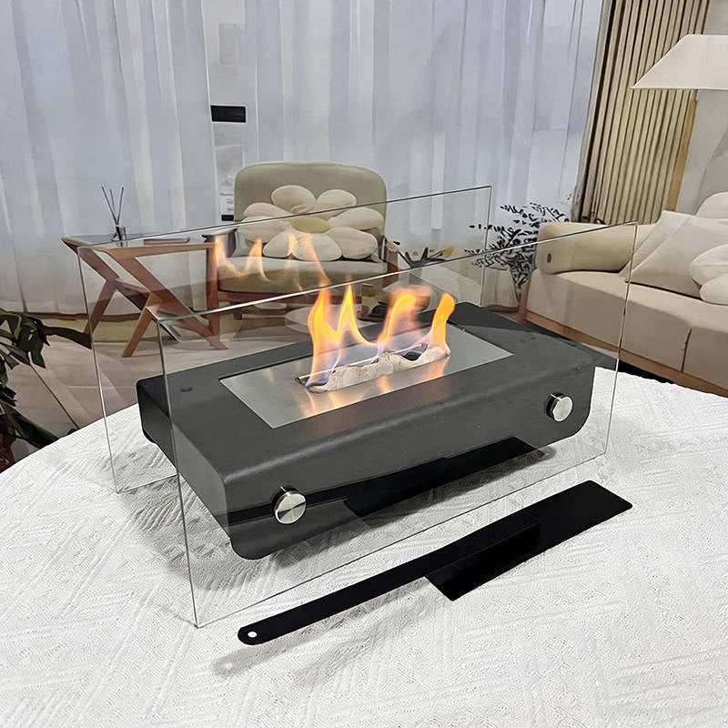 Tisch-Bioethanol-Kamin, tragbare rechteckige Feuerstelle mit doppeltem Glas-Windschutz für Terrasse und Balkon