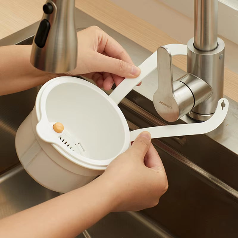 Tap-Mounted Food Scrap Catcher with Push-Button Release 8×5.6×5.1 Inches for Veggie Prep Scraps Fruit Washing Over-Sink Waste Bin | Thomler