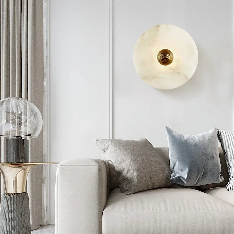 Round Stone Sconce with Built-In LED – Natural Veined Finish for Bedroom, Hallway & Living Room – 6 to 12 Inch Sizes – Minimalist Aluminum M | Thomler