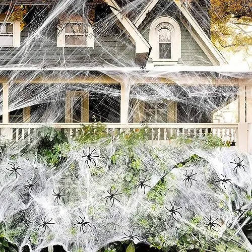200 pies cuadrados de telarañas para decoración de puerta de Halloween con arañas de imitación