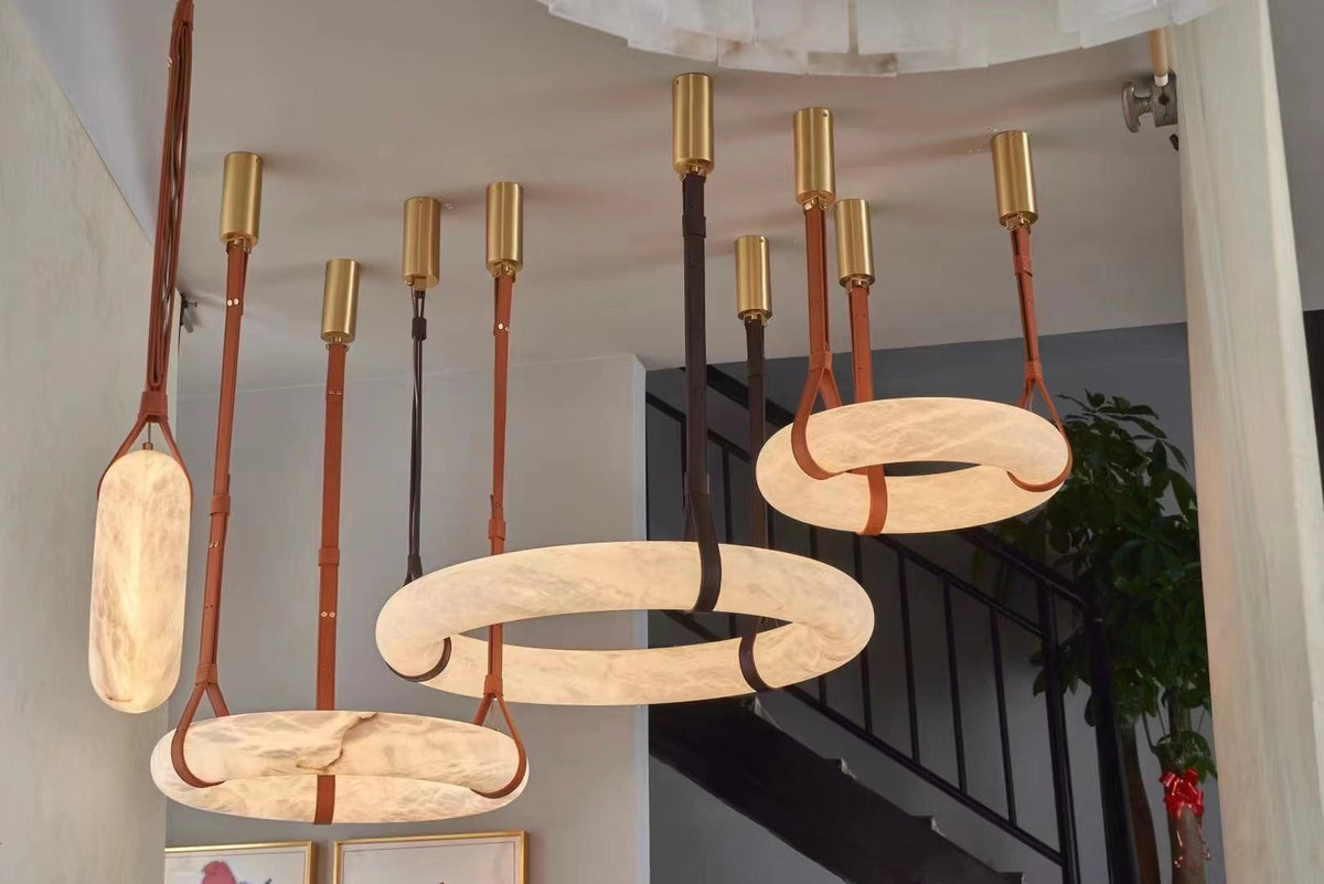 LED-Ring-Deckenleuchte aus Alabaster – Verstellbarer Halo-Kronleuchter für offene Essbereiche, große Wohnräume & Gastronomie – 120 cm Kreis-Hängeleuchte | Thomler