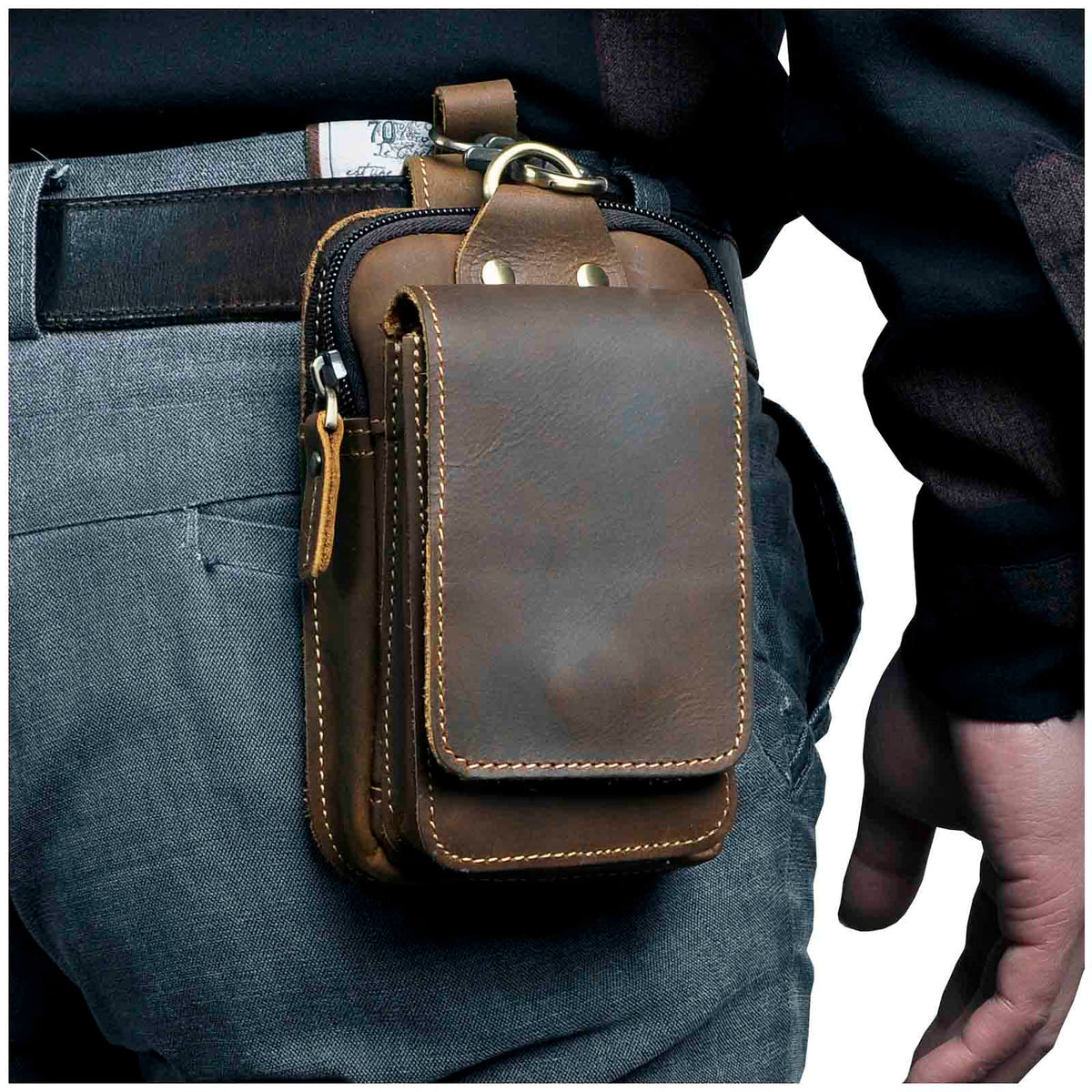 Leren heuptasje van volnerf rundleer voor heren | Ritsvak & magnetische sluiting | Verstelbare elastische band | Handsfree dragen voor op reis, co