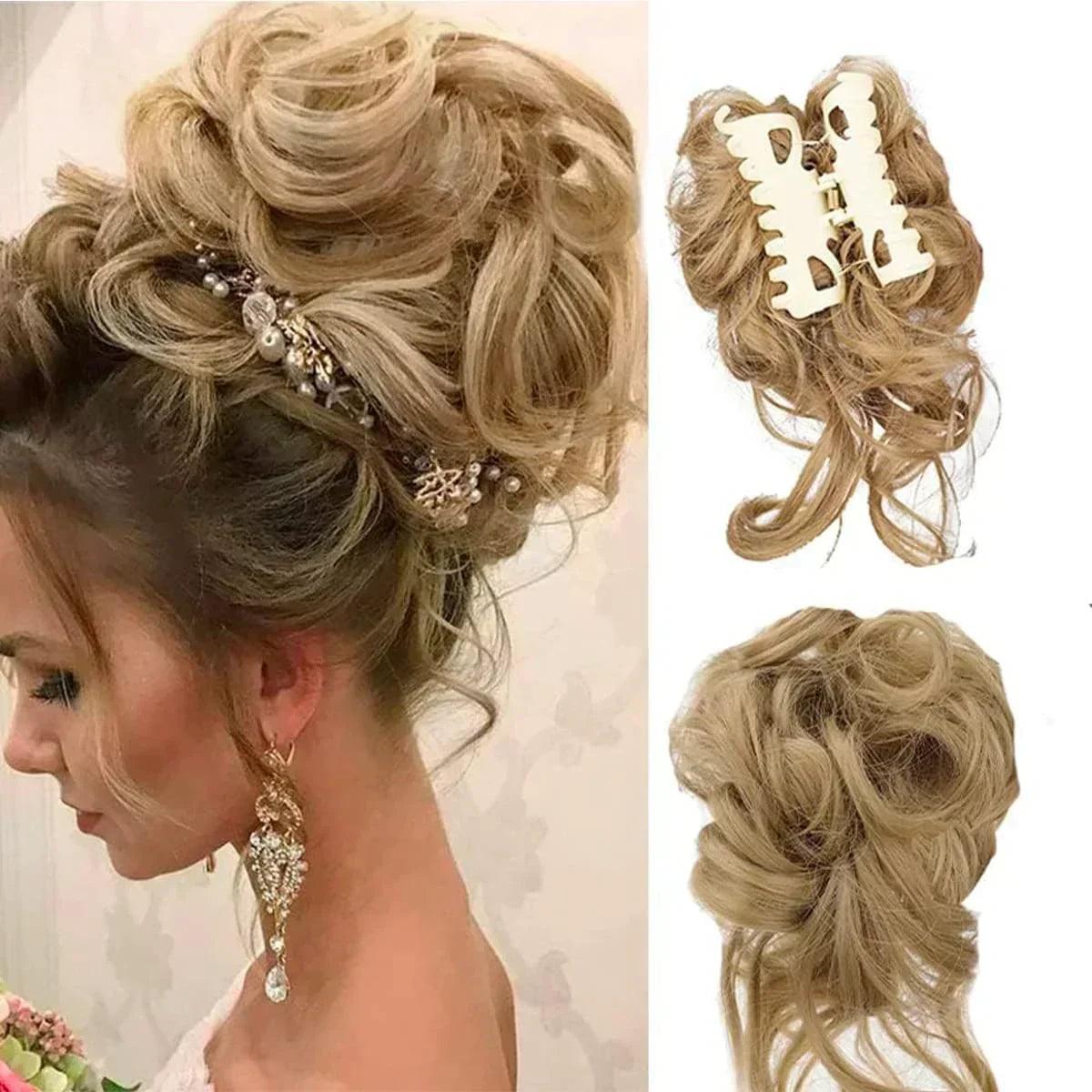 Clip-In Messy Bun Hair Extension with Curly Texture for Women, Synthetic Updo Hairpiece for Everyday & Special Events