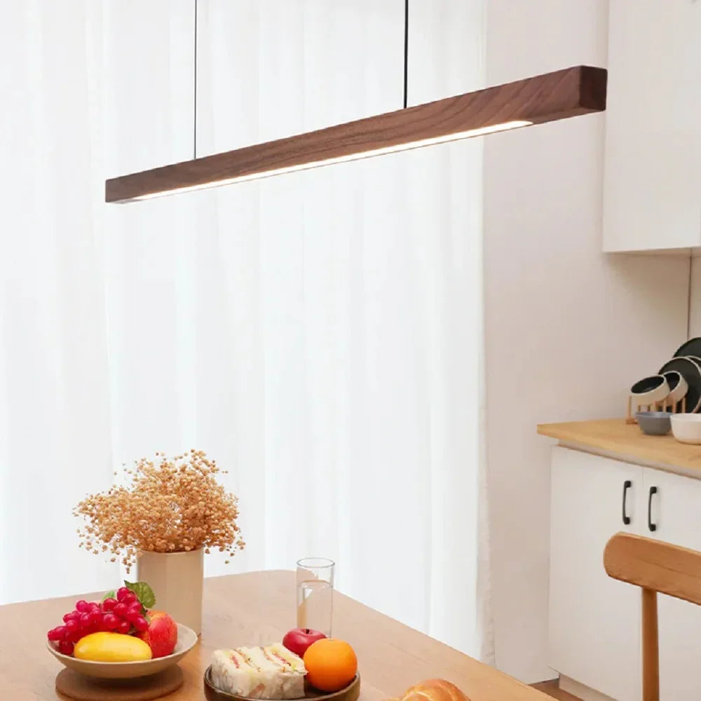 LED Wood Dining Room Fixture 47-Inch Linear Hanging Light Adjustable Height Island Chandelier Natural Pine Kitchen Suspended Lighting Modern | Thomler