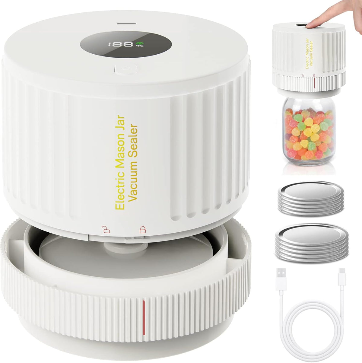 Selladora al vacío portátil para frascos Mason: sellador de boca ancha y regular para alimentos secos, hierbas y organización de despensa: almacenamiento de alimentos con un solo toque
