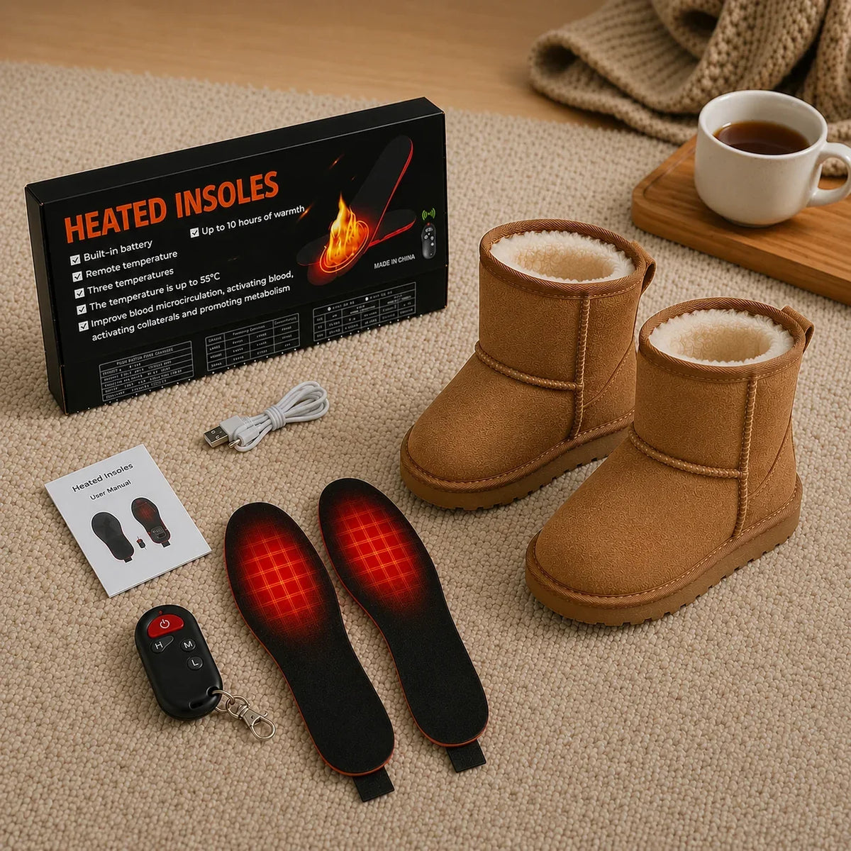 Rechargeable Heated Insoles with Wireless Remote – Adjustable Temperature Foot Warmers for Winter Boots
