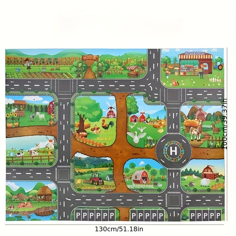 Spielteppich für Kinder 99 x 130 cm gewebt rutschfest Bauernhof-Straßen-Design für Spielzimmer Schlafzimmer Kinderzimmer interaktiver Teppich | Thomler