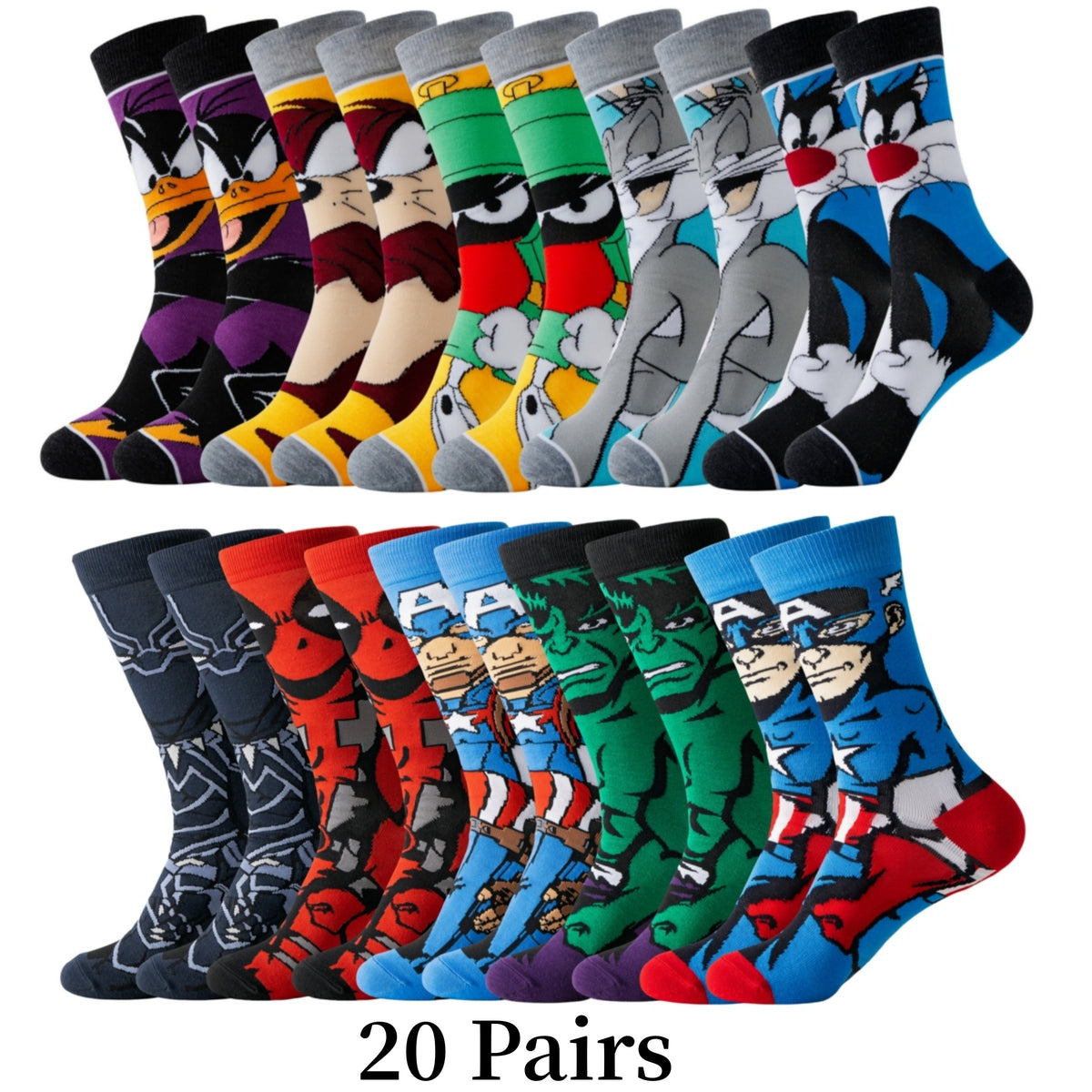 Unisex-Knöchelsocken, 20er-Pack, Polyester-Elasthan-Mischgewebe, mehrfarbige Cartoon-Designs, niedrig geschnitten, sportliche Crew-Socken für Sneaker, Laufen und den täglichen Gebrauch, Herren & Damen | Thomler