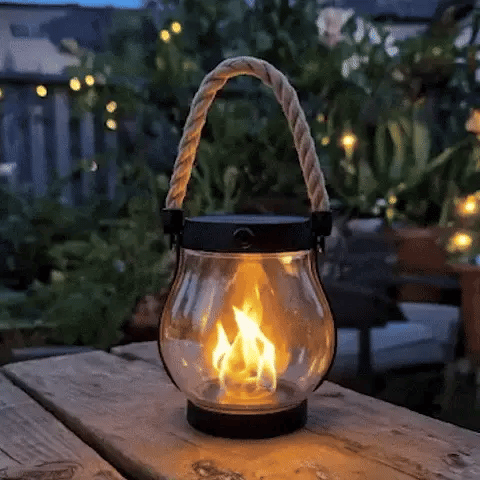 Flickering Flame Outdoor Lantern with Solar Panel 10 in Tall Glass LED Garden Light Waterproof Hanging Patio Decoration Dusk Sensor USB Back | Thomler
