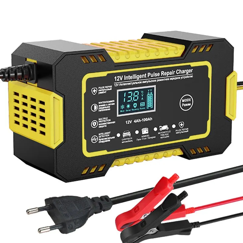 Intelligent 12V 6A charger with pulse repair and LCD display for car and motorcycle batteries