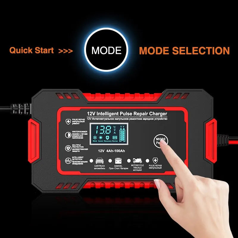Intelligent 12V 6A charger with pulse repair and LCD display for car and motorcycle batteries