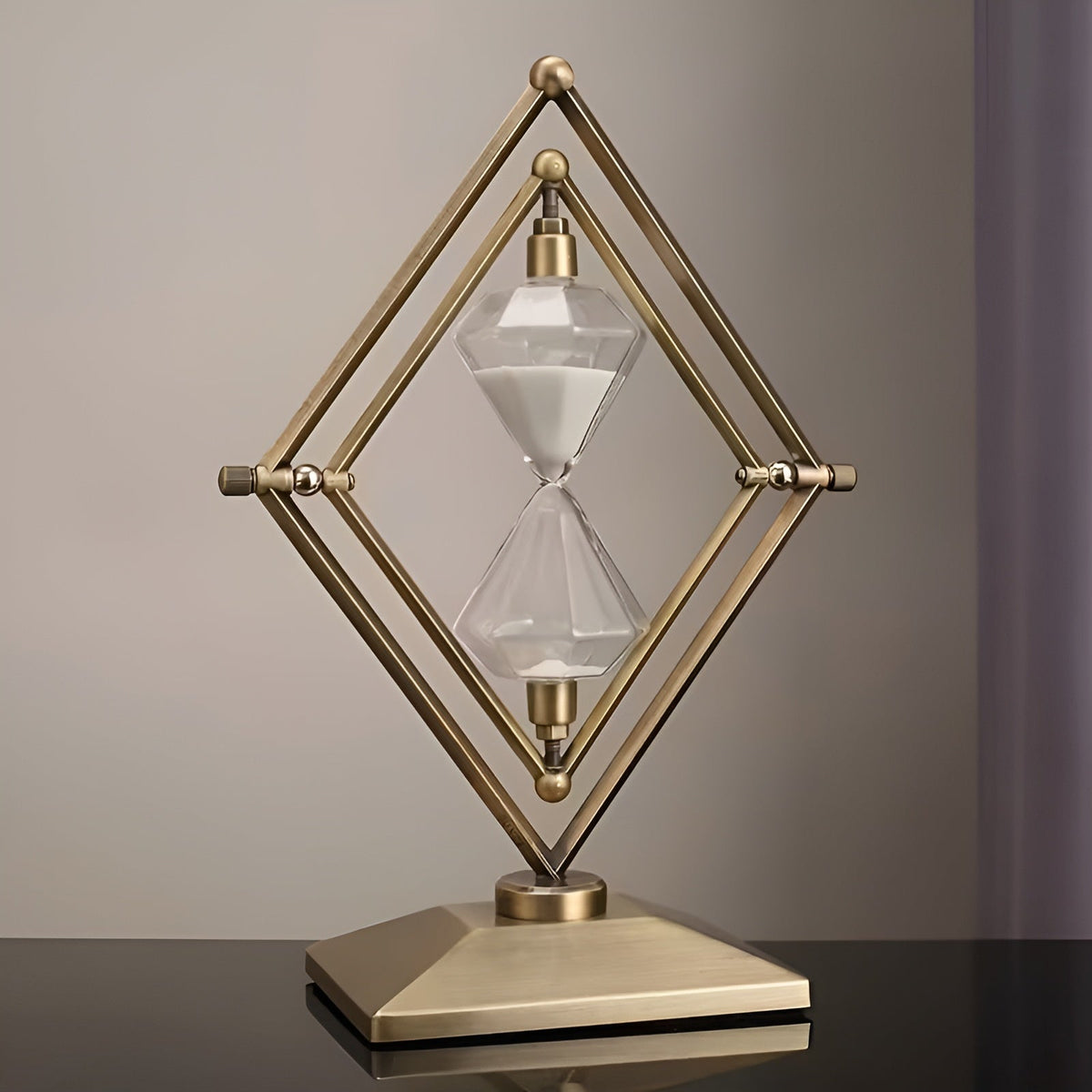 Reloj de arena con marco geométrico de metal – Temporizador de meditación con arena blanca