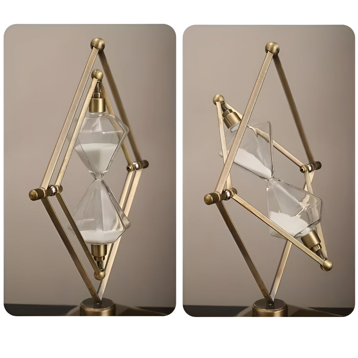 Reloj de arena con marco geométrico de metal – Temporizador de meditación con arena blanca