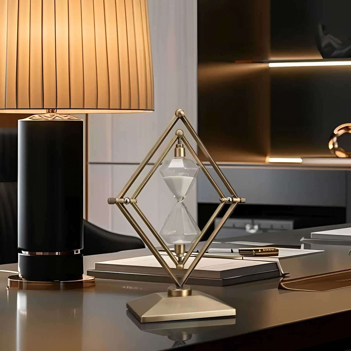 Reloj de arena con marco geométrico de metal – Temporizador de meditación con arena blanca