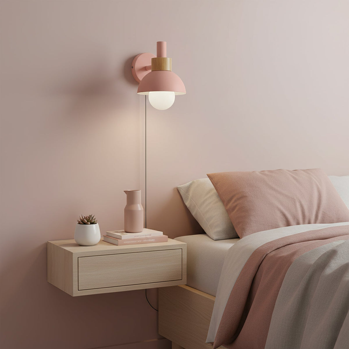 Wandleuchte mit Stecker und Holzakzent, 6×7 Zoll, E26 LED-Leuchte für Schlafzimmer, Flur, Wohnzimmer, dekorative Innenbeleuchtung, kompakt, modern, Wa | Thomler