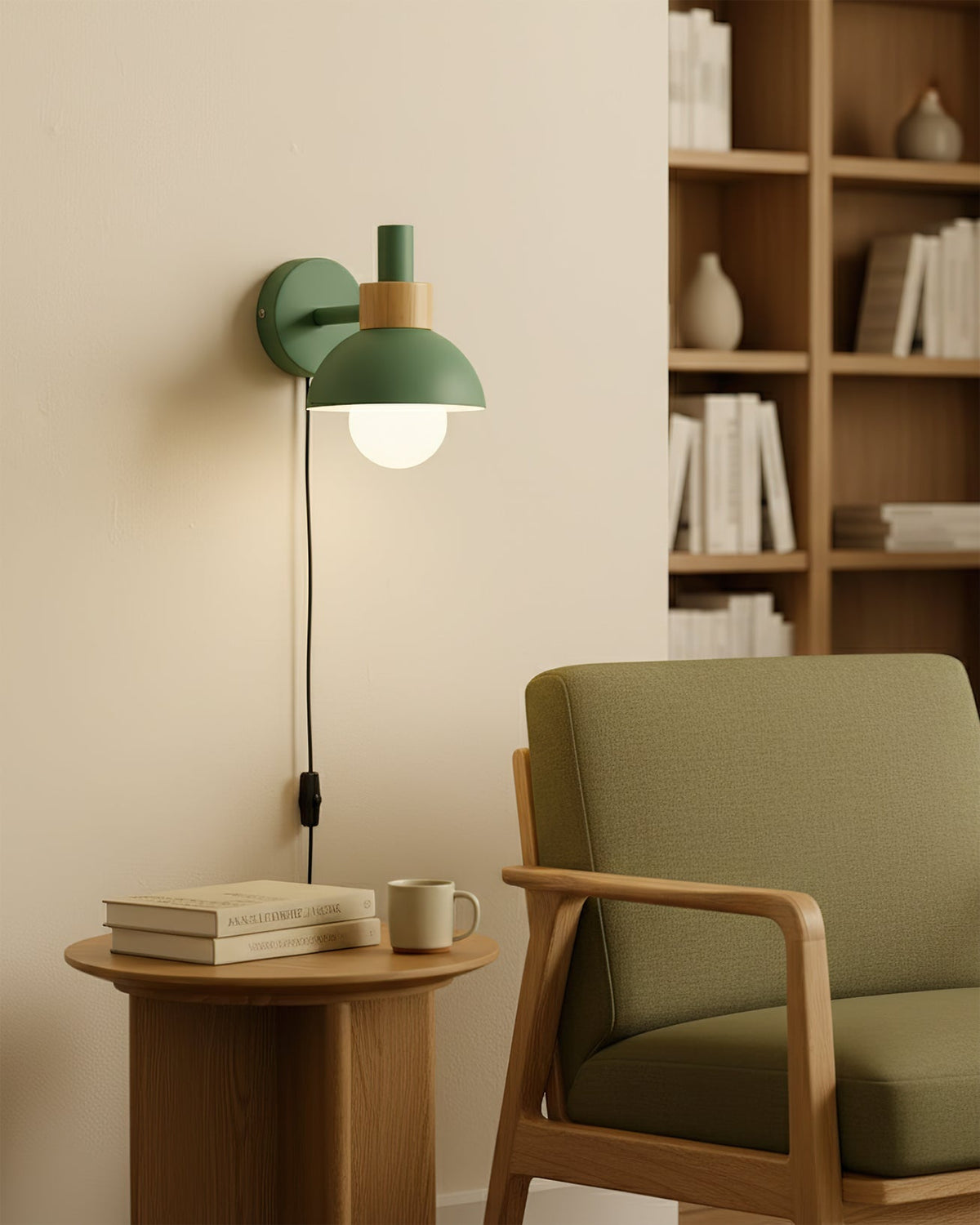 Wandleuchte mit Stecker und Holzakzent, 6×7 Zoll, E26 LED-Leuchte für Schlafzimmer, Flur, Wohnzimmer, dekorative Innenbeleuchtung, kompakt, modern, Wa | Thomler