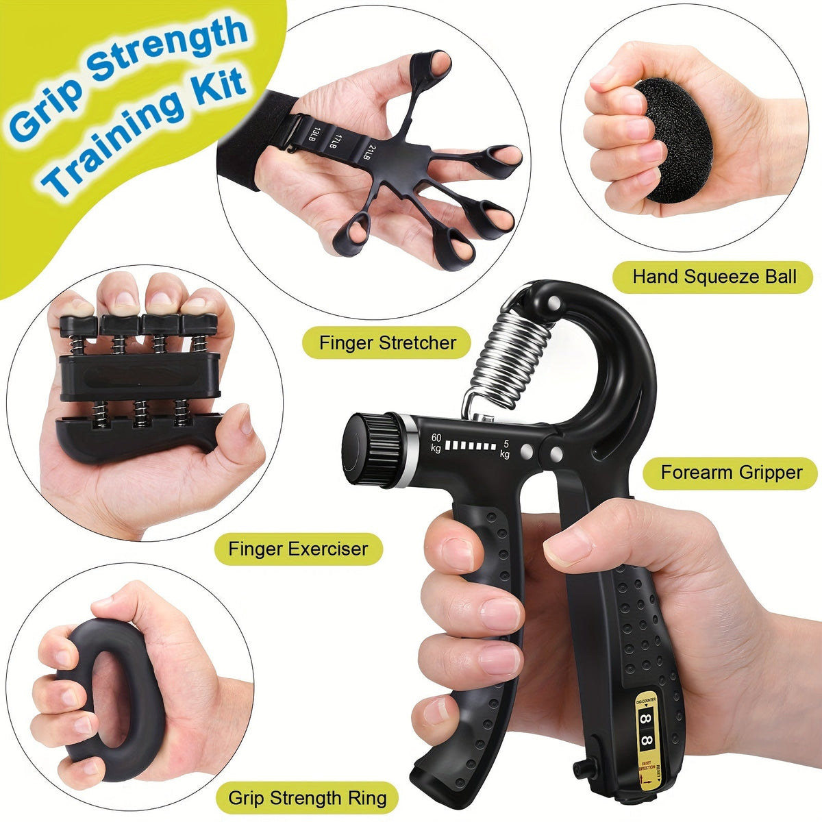 Kit de fortalecedor de agarre con ejercitador de dedos, pelota de resistencia y anillo para antebrazo para rehabilitación y desarrollo muscular