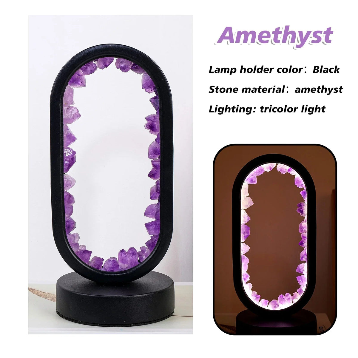 Amethyst-Kristall-Akzentlampe 8 Zoll, lilafarbenes Licht für Nachttische, Meditationsräume, Yogaräume, handgefertigte Edelsteinleuchte, E14-Fassung, max. 10 W | Thomler