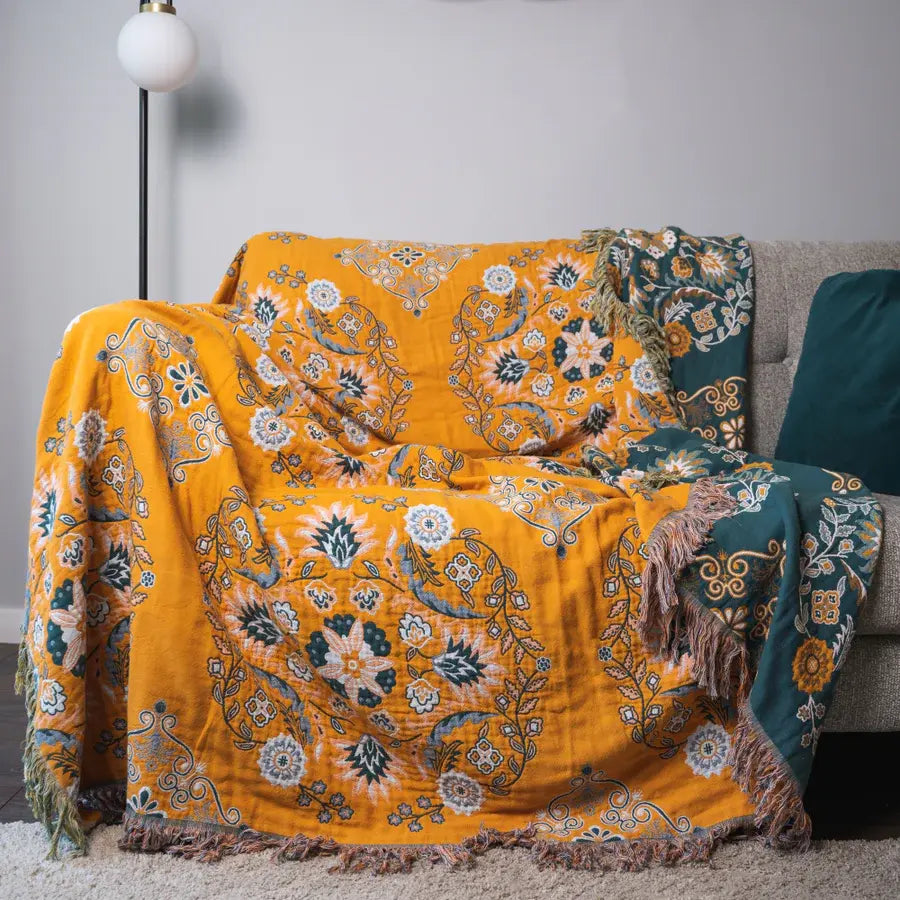 Omkeerbare katoenen plaid met kwastjes – Boheems bloemendesign voor bank, sofa of bed – Warm & decoratief woonaccessoire
