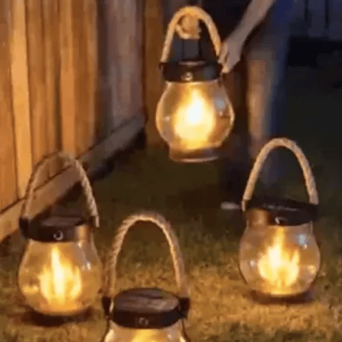 Flickering Flame Outdoor Lantern with Solar Panel 10 in Tall Glass LED Garden Light Waterproof Hanging Patio Decoration Dusk Sensor USB Back | Thomler
