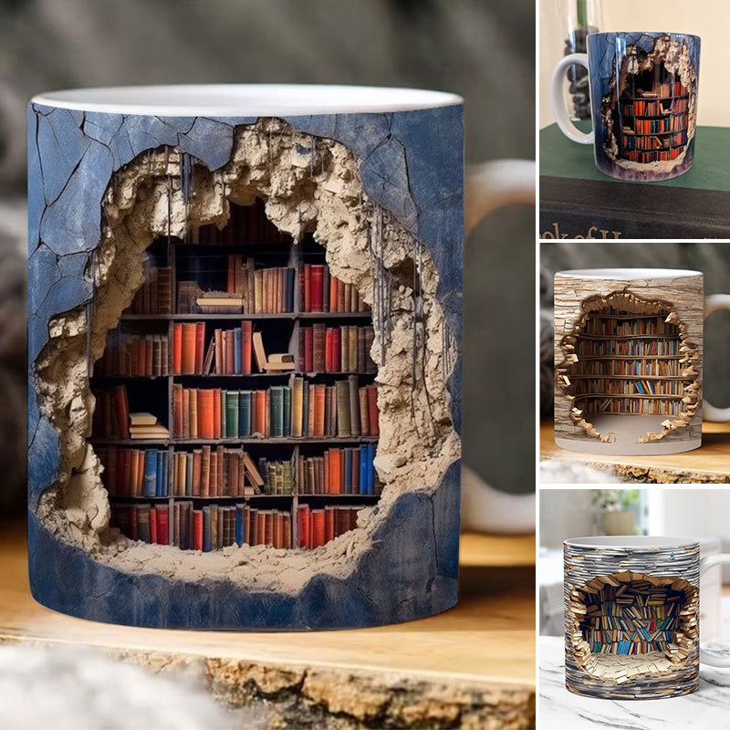 Ceramic Mug with 3D Bookshelf Wrap Design for Coffee Tea Hot Drinks Book Lovers Library Kitchen Microwave Dishwasher Safe Literary Gift | Thomler