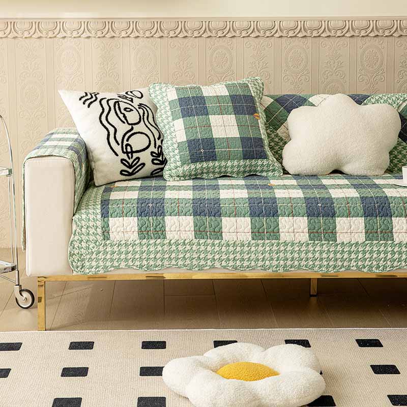 Plaid Cotton Furniture Protector Pad Set | Breathable Non-Slip Couch Cushion Cover for Sofa Seat Protection | Pet-Friendly Machine
