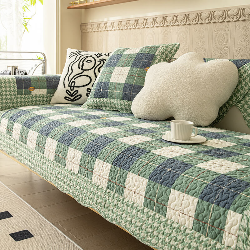 Plaid Cotton Furniture Protector Pad Set | Breathable Non-Slip Couch Cushion Cover for Sofa Seat Protection | Pet-Friendly Machine